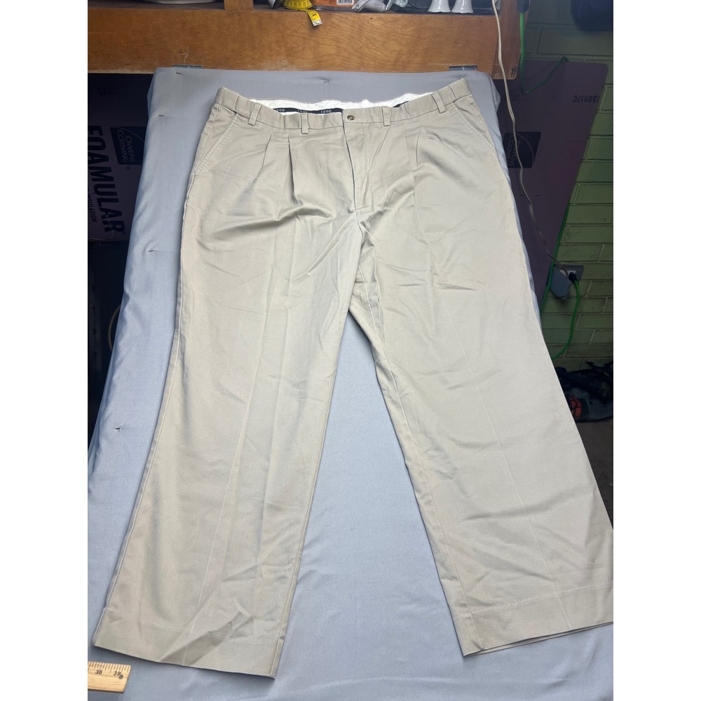 IZOD Mens Khaki Pleated Front Chino Pants Tan 44x29 Stretch Cotton Trousers